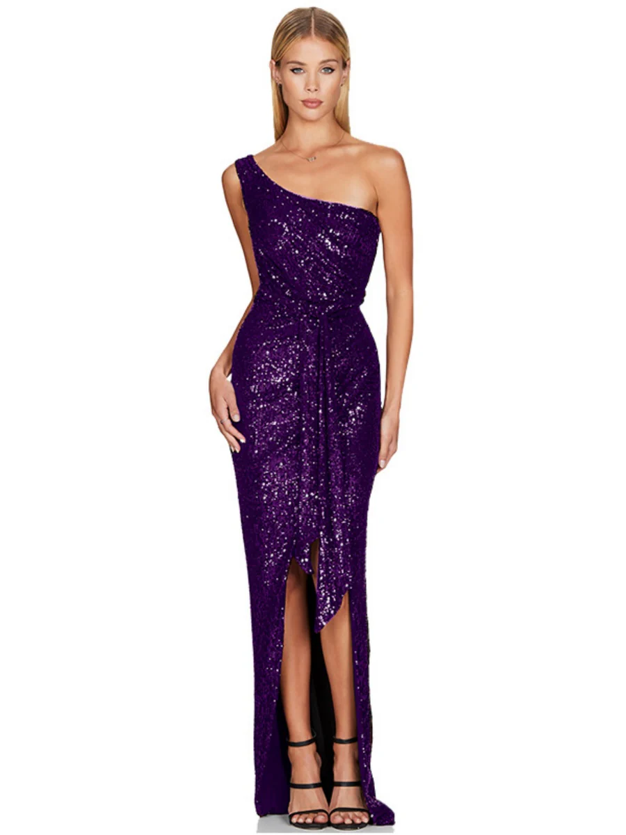One-shoulder Tie-up Pleated Sweet And Spicy Sequined Dress - Image 29