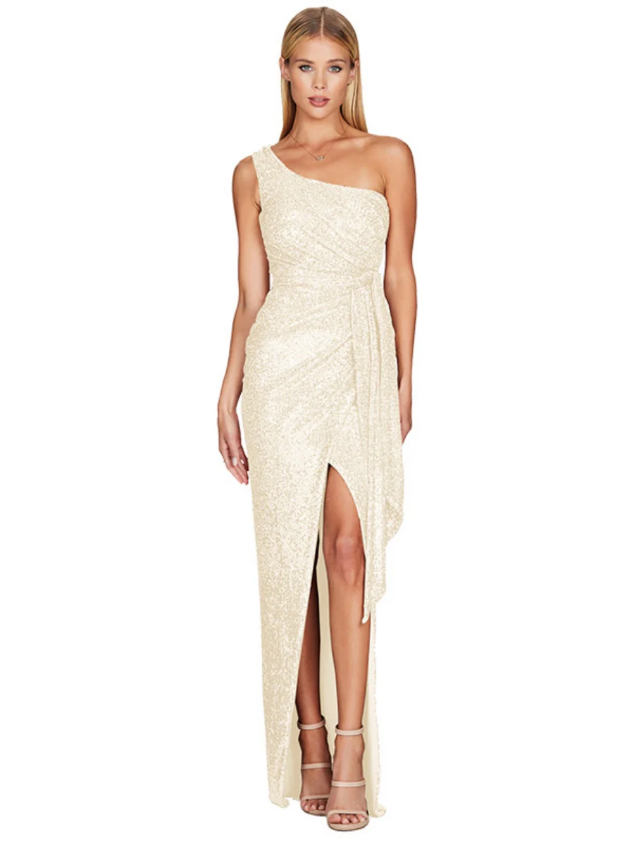 One-shoulder Tie-up Pleated Sweet And Spicy Sequined Dress - Image 38