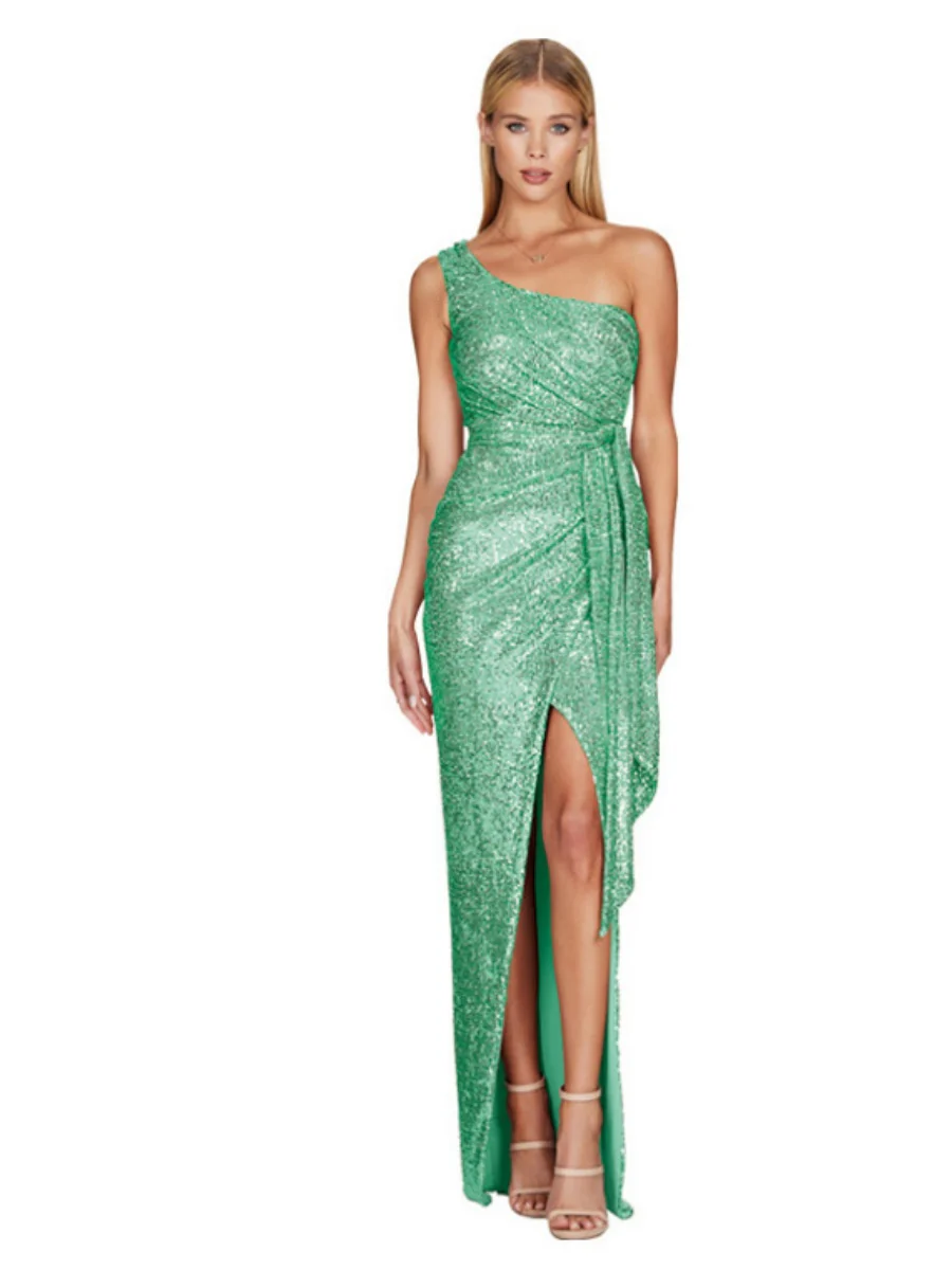 One-shoulder Tie-up Pleated Sweet And Spicy Sequined Dress - Image 42