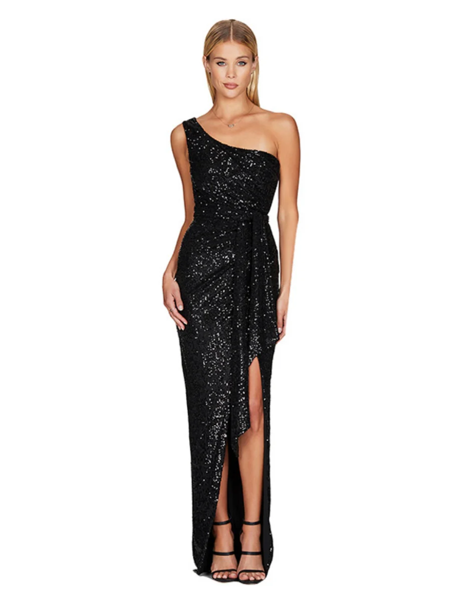 One-shoulder Tie-up Pleated Sweet And Spicy Sequined Dress - Image 5
