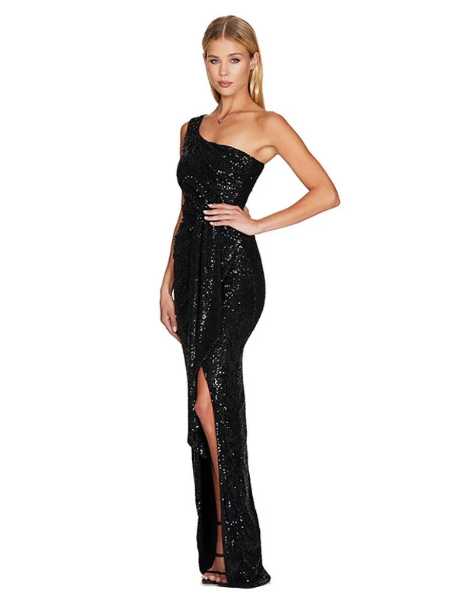 One-shoulder Tie-up Pleated Sweet And Spicy Sequined Dress - Image 6