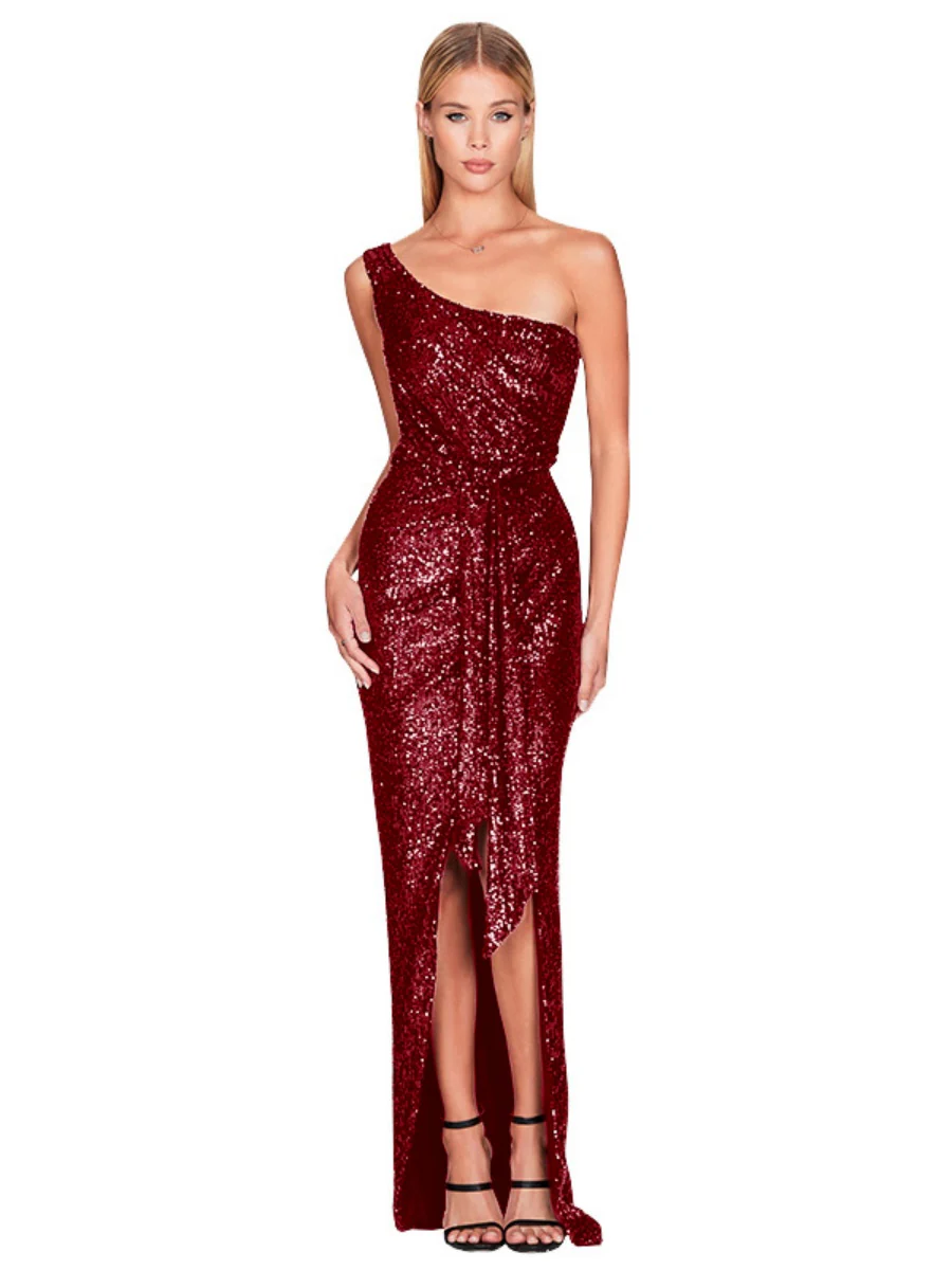 One-shoulder Tie-up Pleated Sweet And Spicy Sequined Dress - Image 8