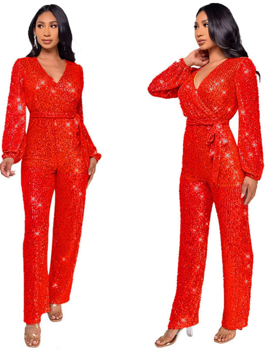 Deep V Long Sleeve Belt Sequins Jumpsuit - Image 10