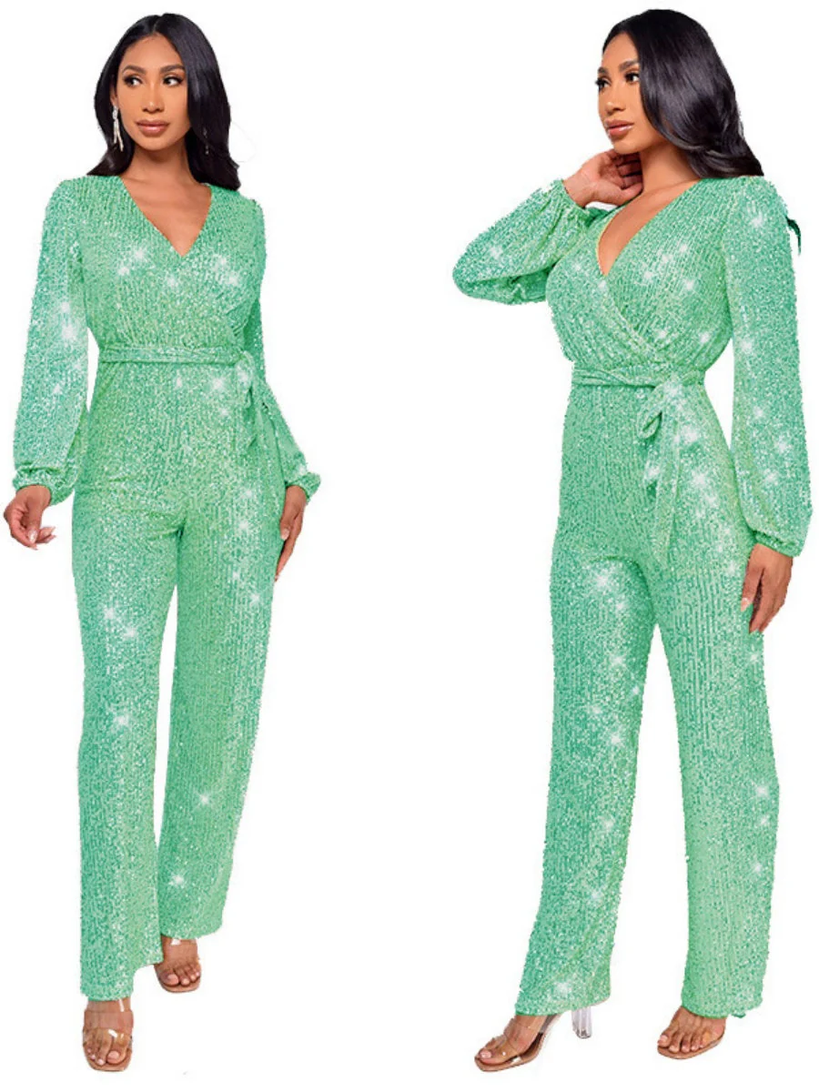 Deep V Long Sleeve Belt Sequins Jumpsuit - Image 11