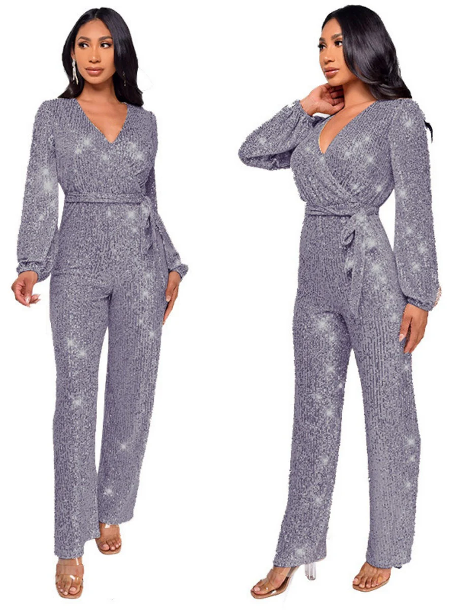 Deep V Long Sleeve Belt Sequins Jumpsuit - Image 13