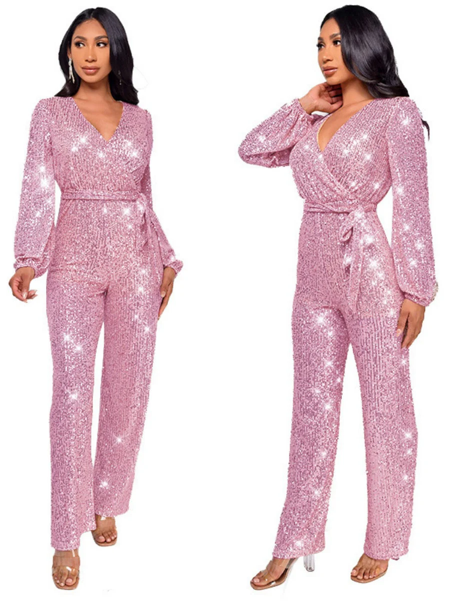 Deep V Long Sleeve Belt Sequins Jumpsuit - Image 14
