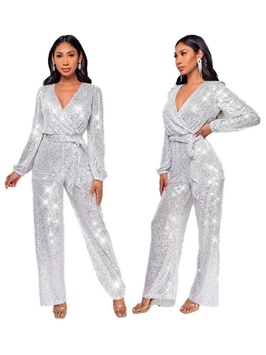 Deep V Long Sleeve Belt Sequins Jumpsuit - Image 15