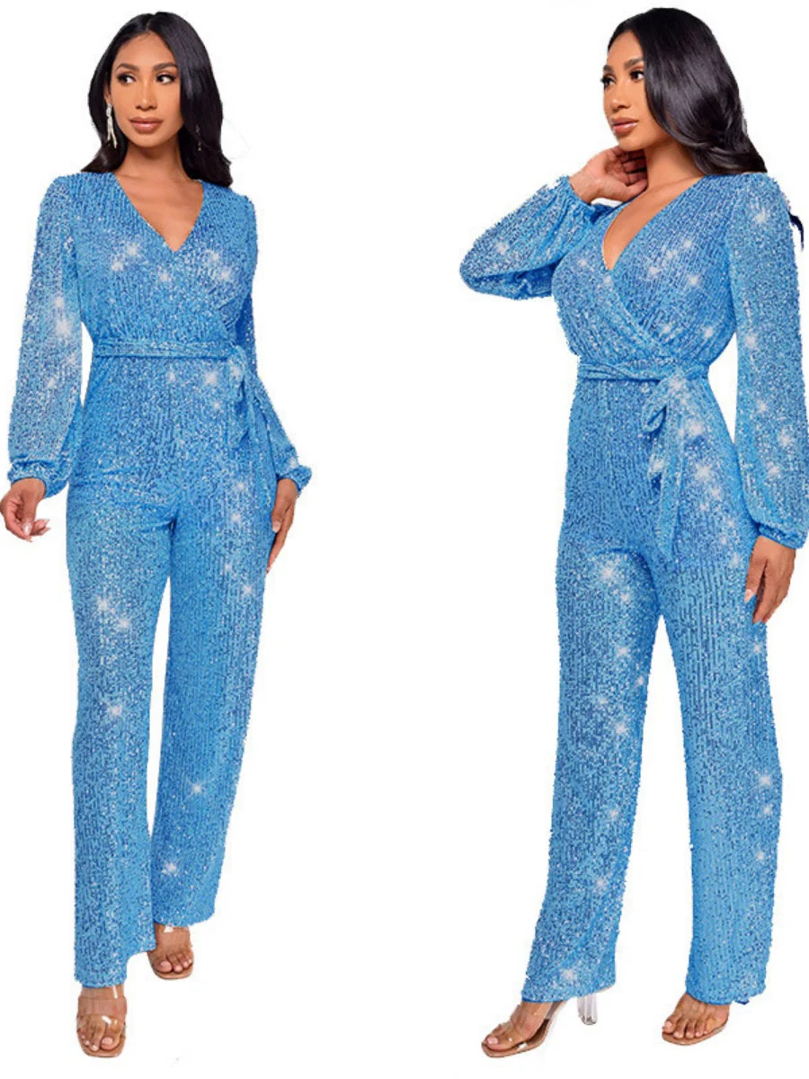 Deep V Long Sleeve Belt Sequins Jumpsuit - Image 16
