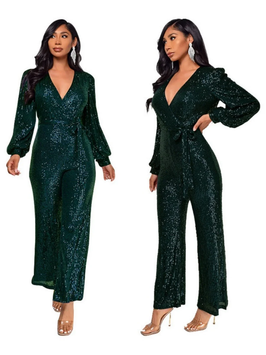 Deep V Long Sleeve Belt Sequins Jumpsuit - Image 17