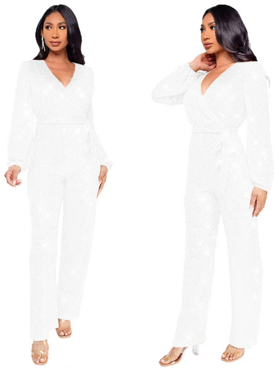 Deep V Long Sleeve Belt Sequins Jumpsuit - Image 18