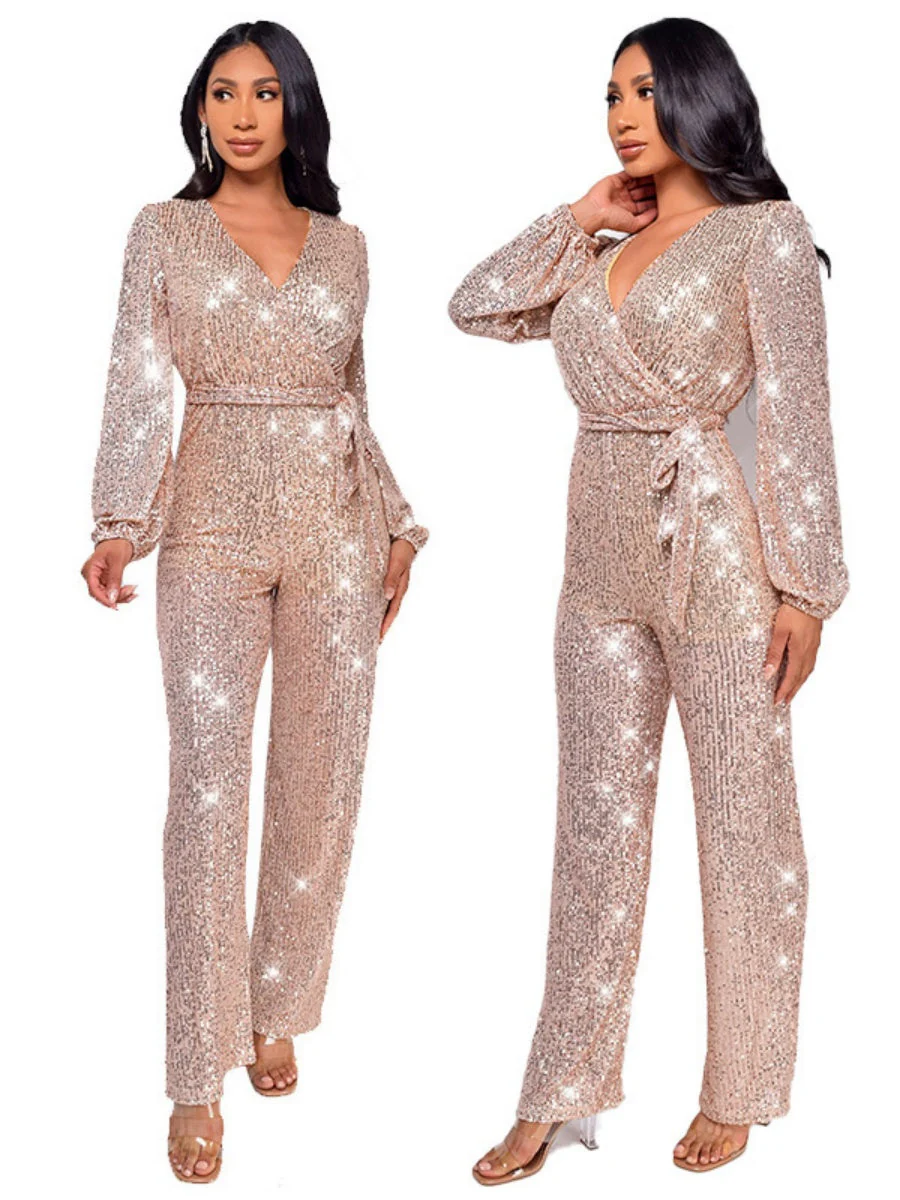 Deep V Long Sleeve Belt Sequins Jumpsuit - Image 2