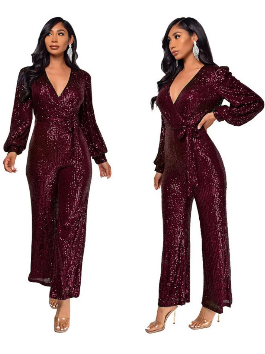 Deep V Long Sleeve Belt Sequins Jumpsuit - Image 4
