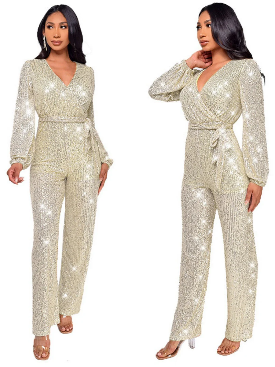 Deep V Long Sleeve Belt Sequins Jumpsuit - Image 5