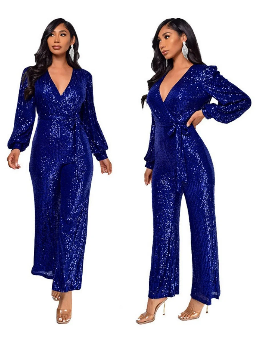 Deep V Long Sleeve Belt Sequins Jumpsuit - Image 7