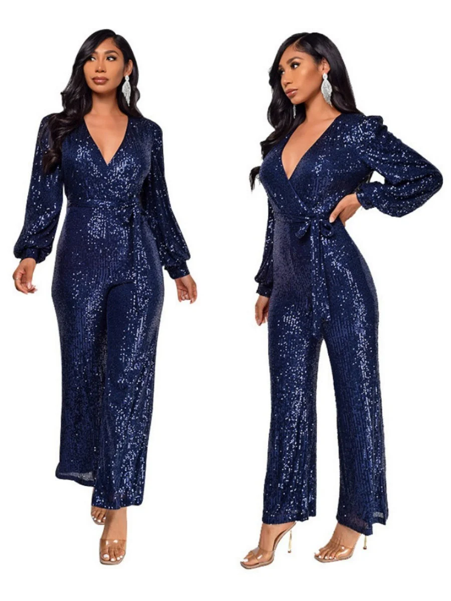 Deep V Long Sleeve Belt Sequins Jumpsuit - Image 8