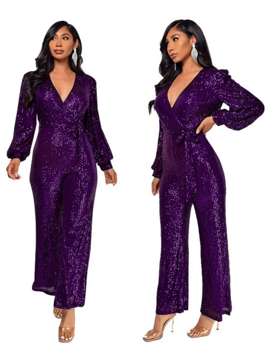 Deep V Long Sleeve Belt Sequins Jumpsuit - Image 9