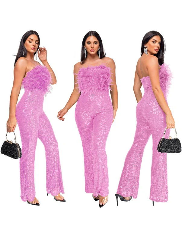 Sleeveless Backless Sequined Feather Flared Leg Jumpsuit - Image 15
