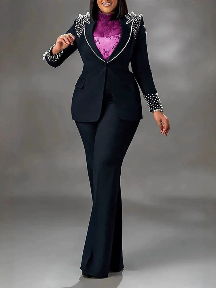Pearl Long-Sleeved Slim-Fit Elastic Two-Piece Suit - Image 10