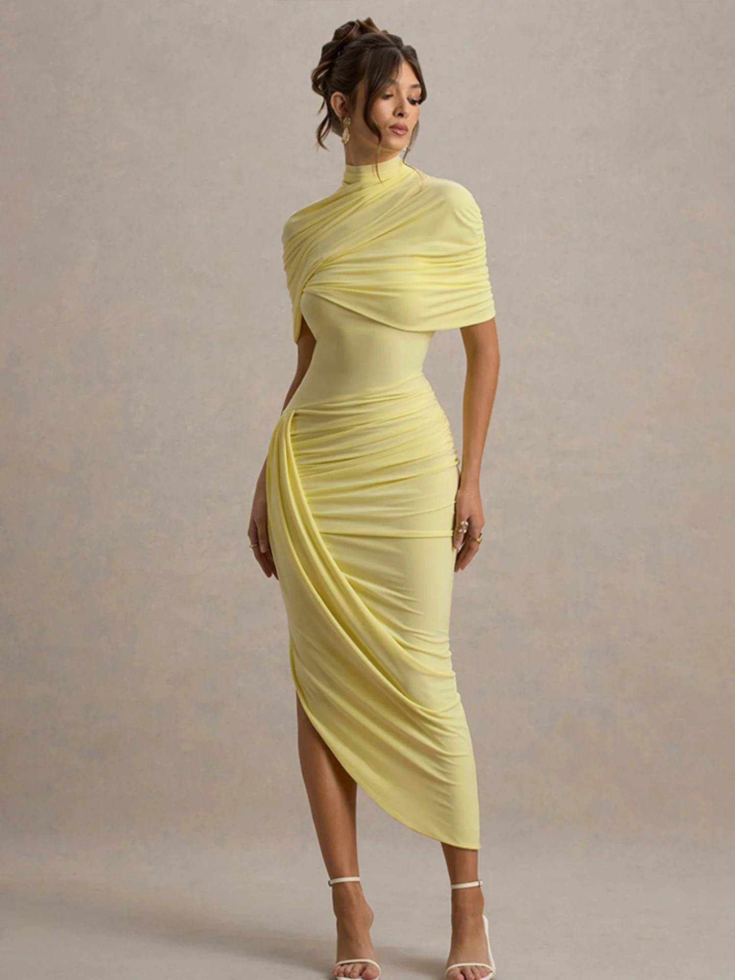 Pleated Mock Neck Shawl Exposed Backpack Buttocks Maxi Dresses - Image 3