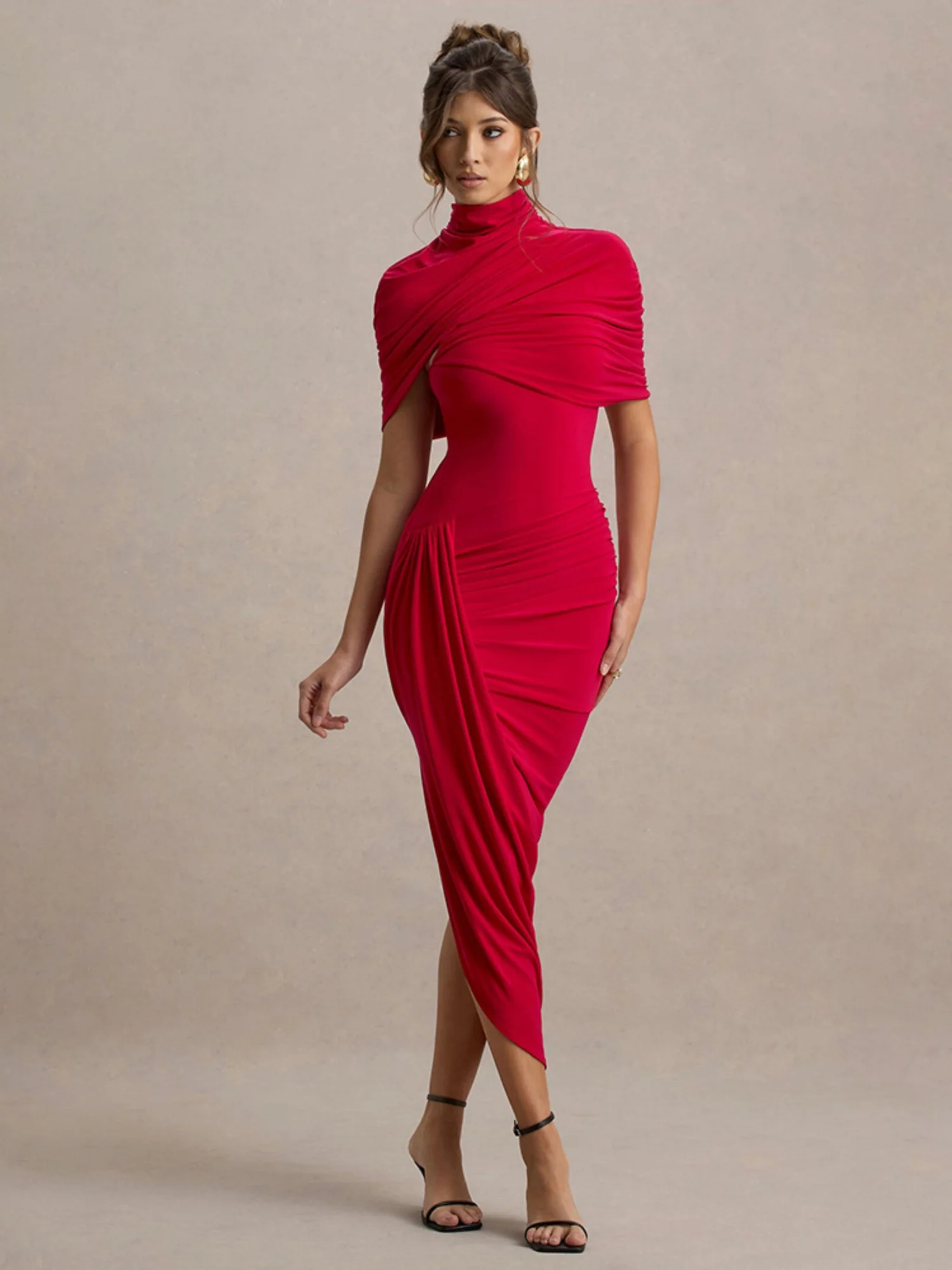 Pleated Mock Neck Shawl Exposed Backpack Buttocks Maxi Dresses - Image 4