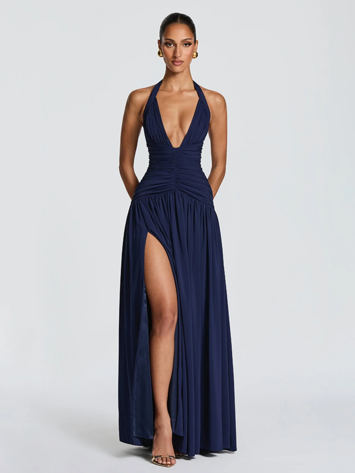 Pleated High Fork Halter Neck And Backless Maxi Dresses - Image 3