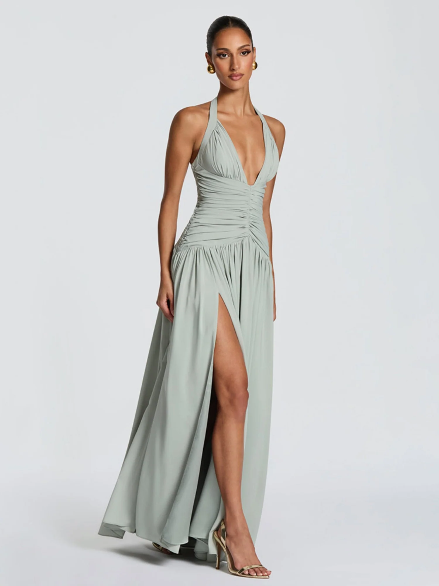 Pleated High Fork Halter Neck And Backless Maxi Dresses - Image 5