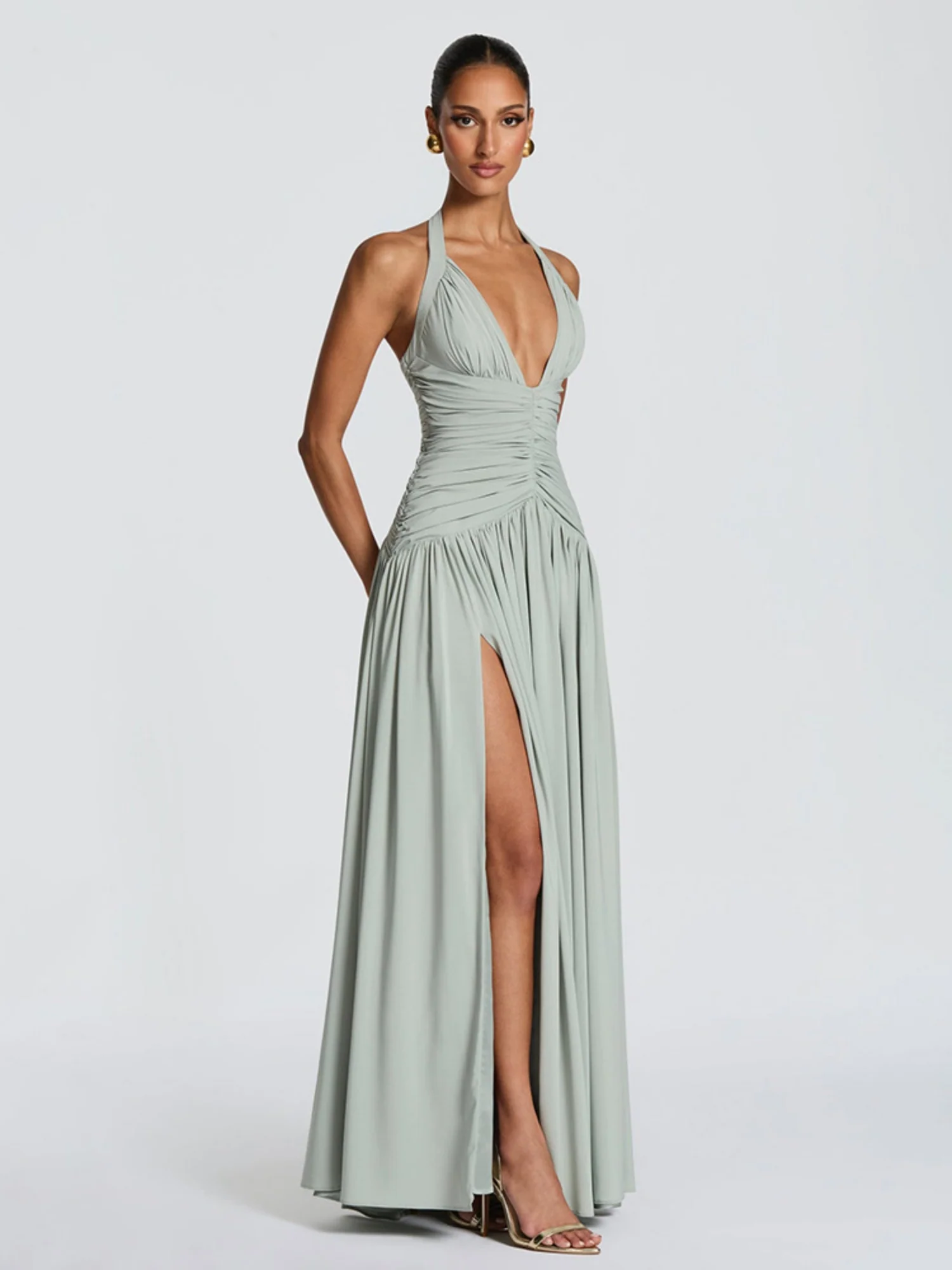 Pleated High Fork Halter Neck And Backless Maxi Dresses - Image 6