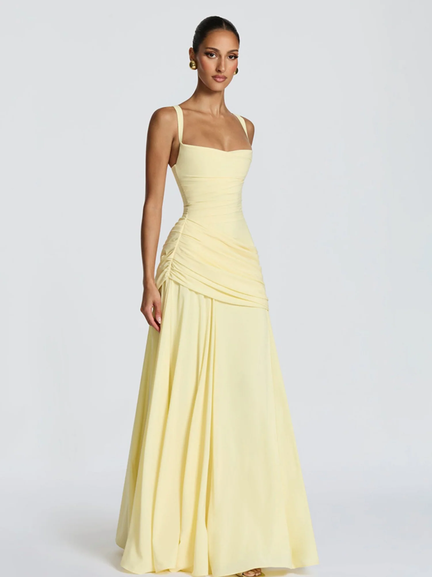 Pleated Waist-cinching And Backless Fish Tail Low-cut Halter Top Maxi Dresses - Image 3