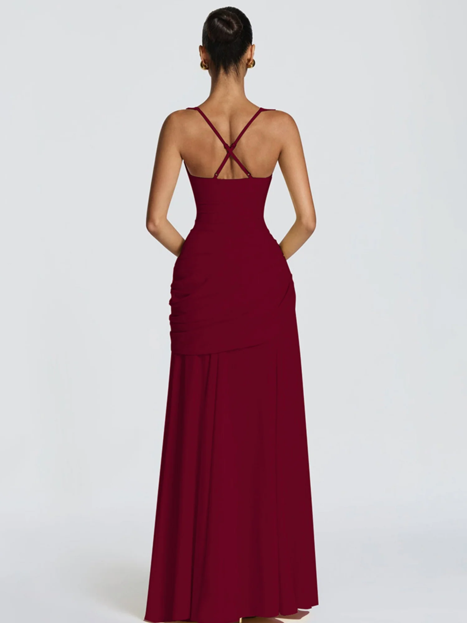 Pleated Waist-cinching And Backless Fish Tail Low-cut Halter Top Maxi Dresses - Image 5