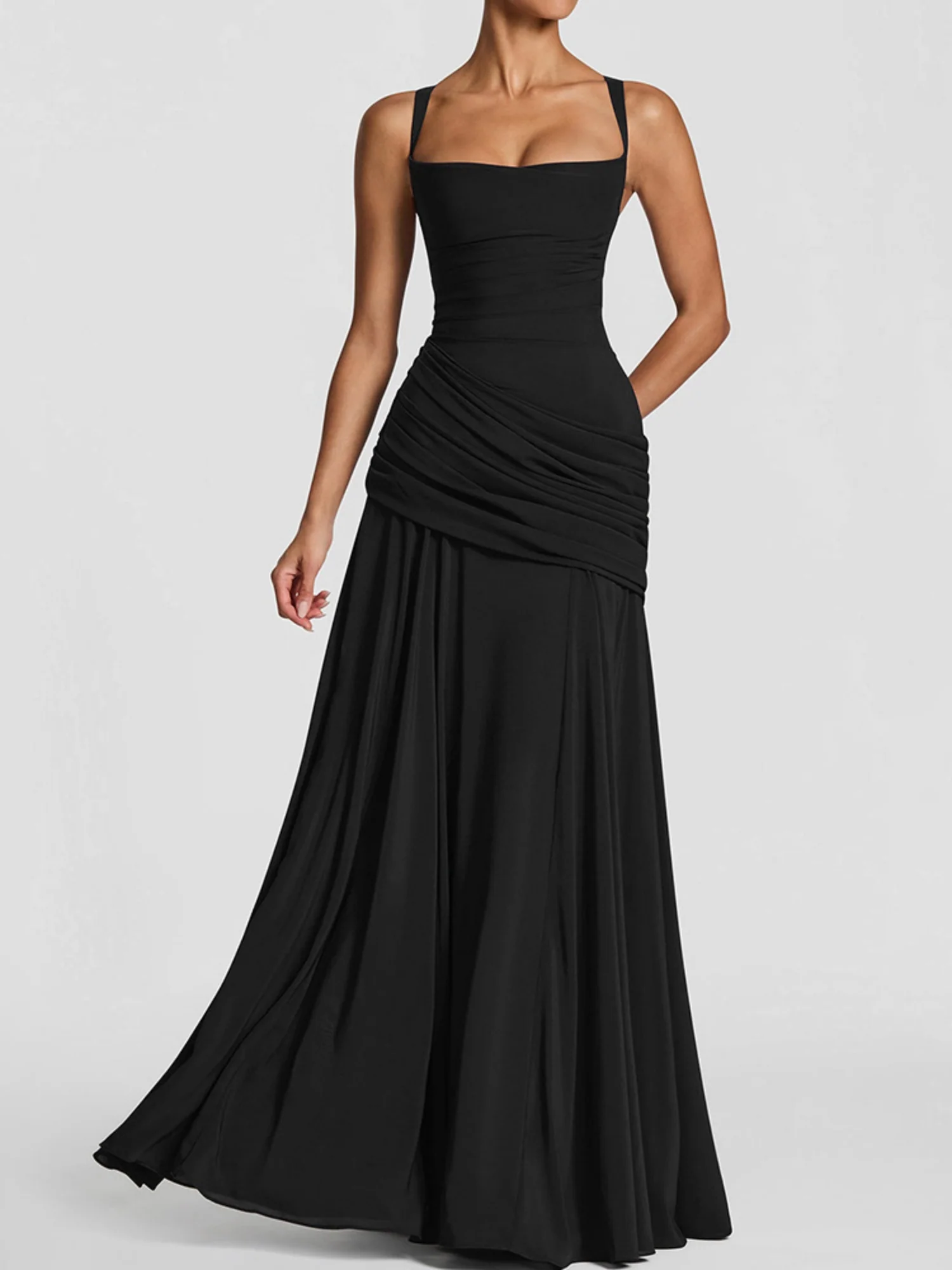 Pleated Waist-cinching And Backless Fish Tail Low-cut Halter Top Maxi Dresses - Image 6