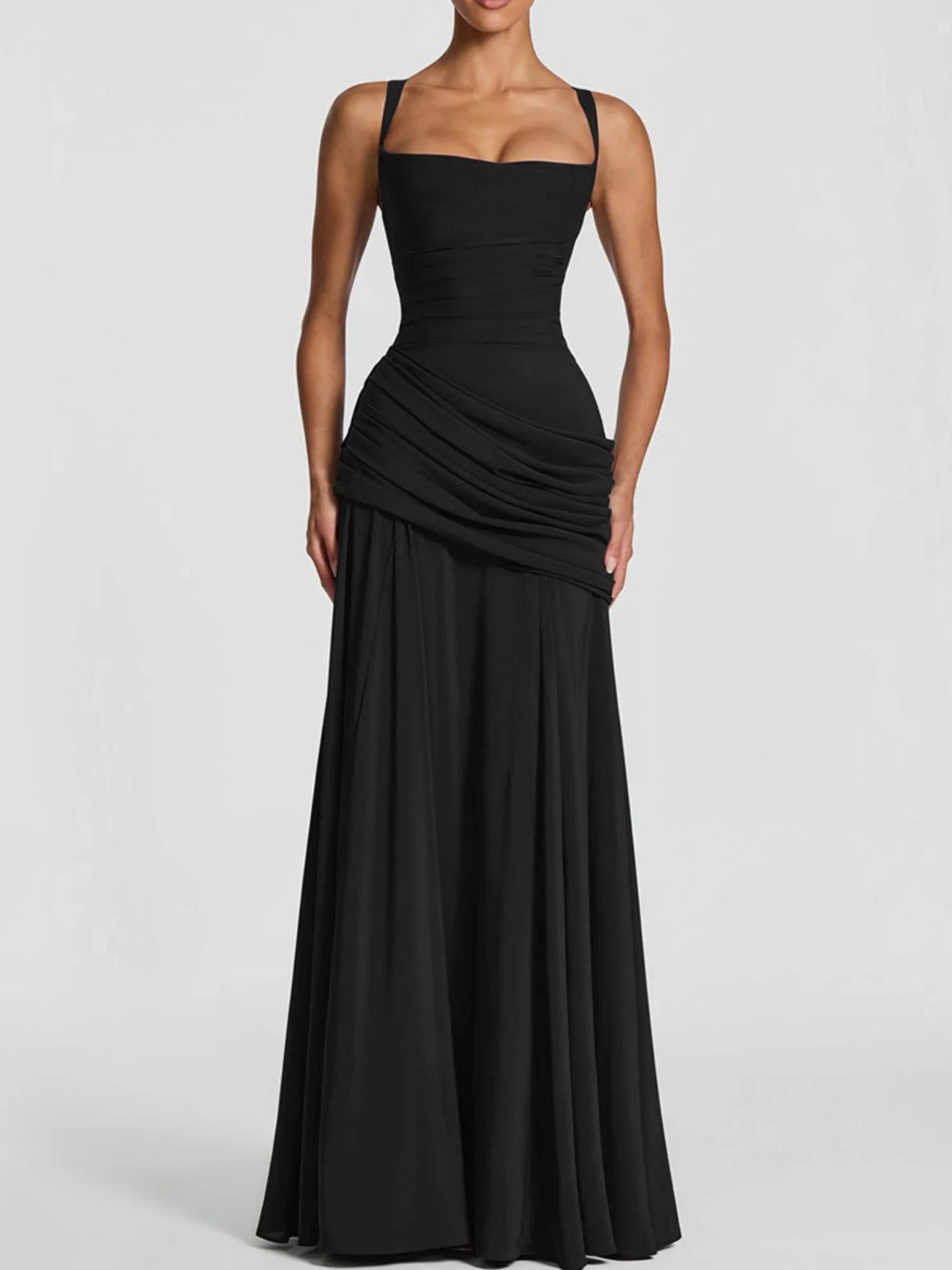 Pleated Waist-cinching And Backless Fish Tail Low-cut Halter Top Maxi Dresses - Image 7