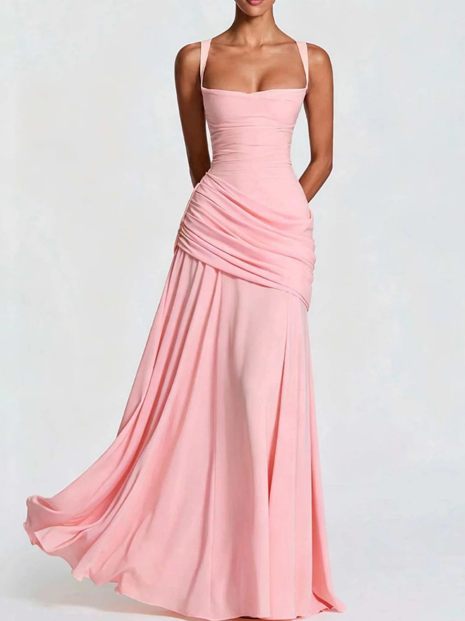Pleated Waist-cinching And Backless Fish Tail Low-cut Halter Top Maxi Dresses - Image 8