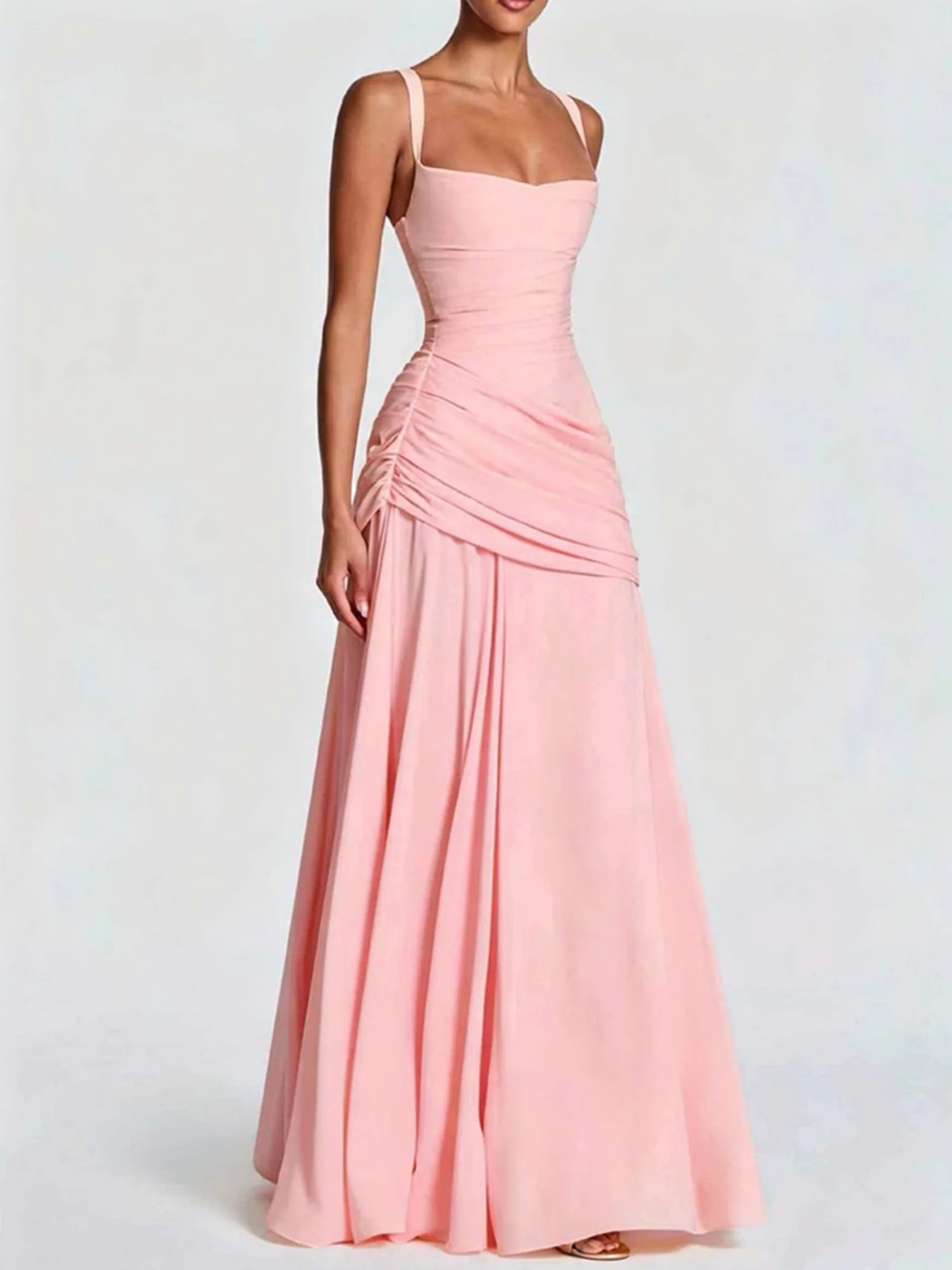 Pleated Waist-cinching And Backless Fish Tail Low-cut Halter Top Maxi Dresses - Image 9