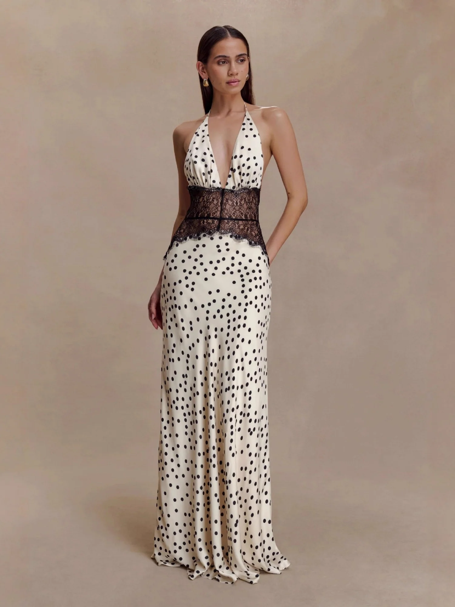 Polka Dots Lace Patchwork Halter Neck Deep V-neck Backless Maxi Dresses