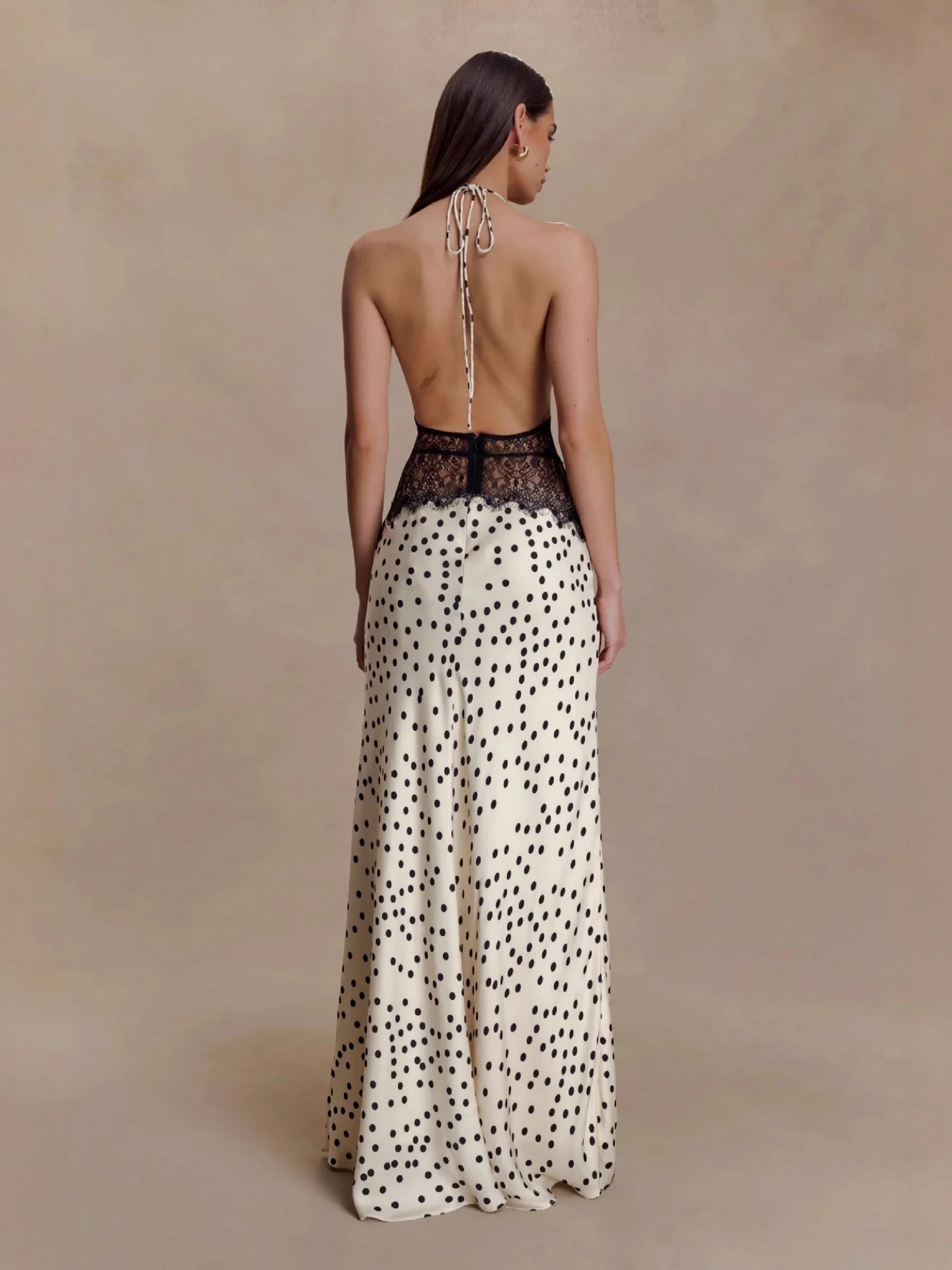 Polka Dots Lace Patchwork Halter Neck Deep V-neck Backless Maxi Dresses - Image 2