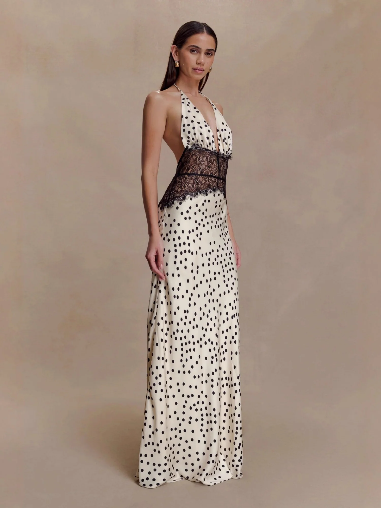 Polka Dots Lace Patchwork Halter Neck Deep V-neck Backless Maxi Dresses - Image 3