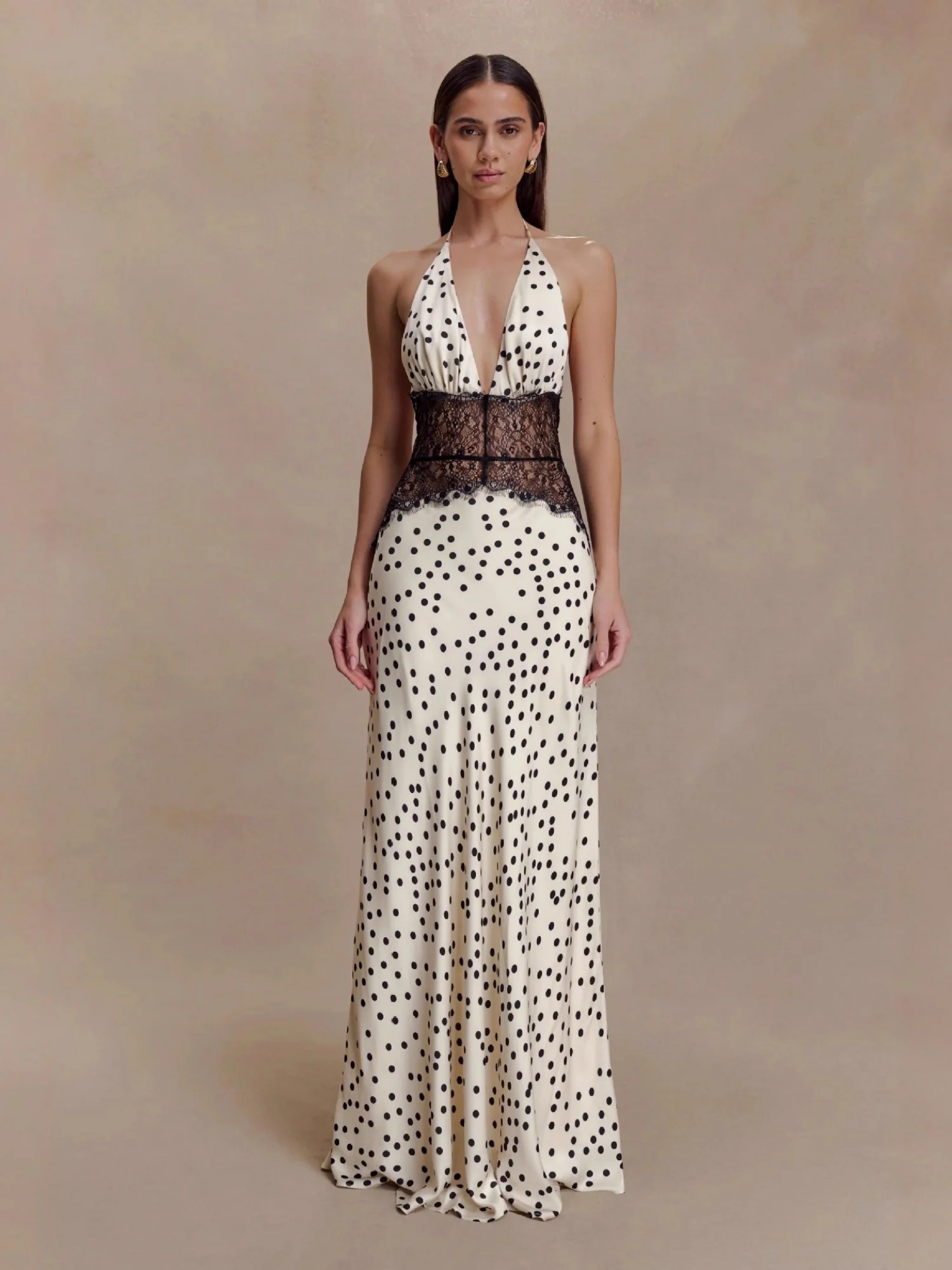 Polka Dots Lace Patchwork Halter Neck Deep V-neck Backless Maxi Dresses - Image 4