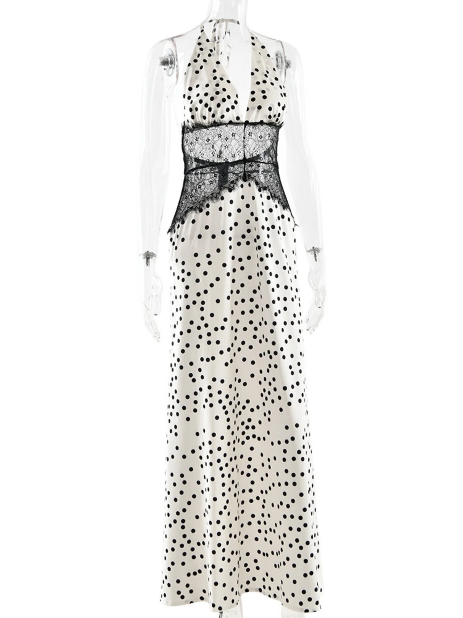 Polka Dots Lace Patchwork Halter Neck Deep V-neck Backless Maxi Dresses - Image 5