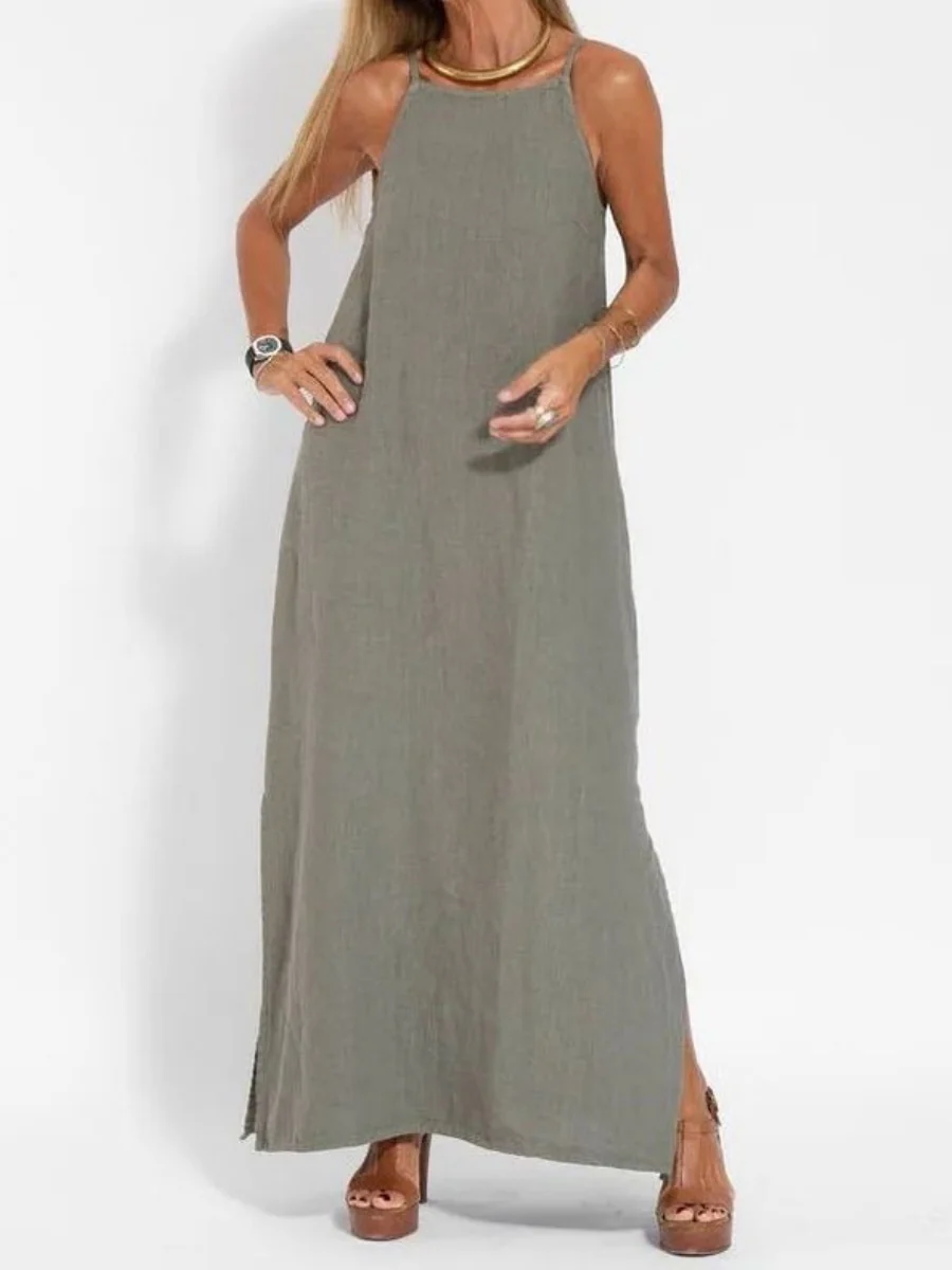 Cotton Linen Slit Spaghetti Strap Long Dress - Image 4