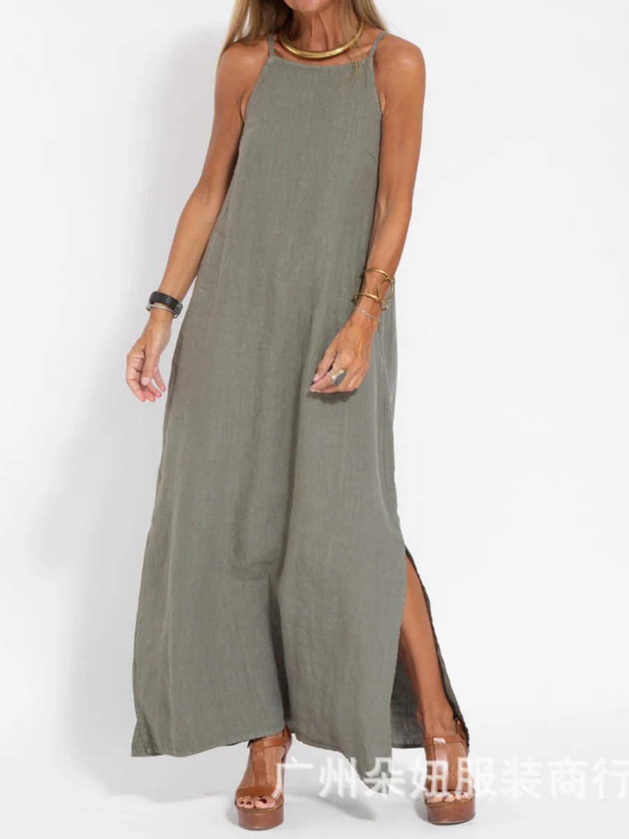 Cotton Linen Slit Spaghetti Strap Long Dress - Image 5
