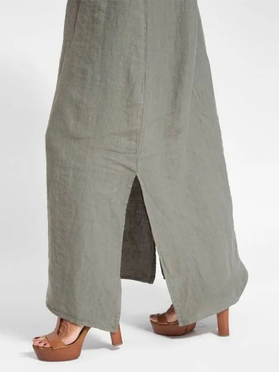 Cotton Linen Slit Spaghetti Strap Long Dress - Image 7