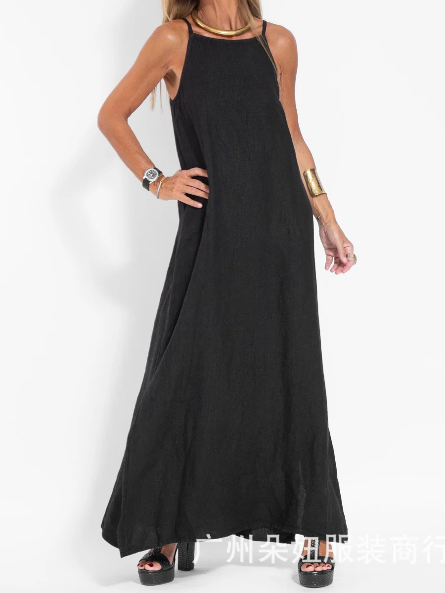 Cotton Linen Slit Spaghetti Strap Long Dress - Image 8