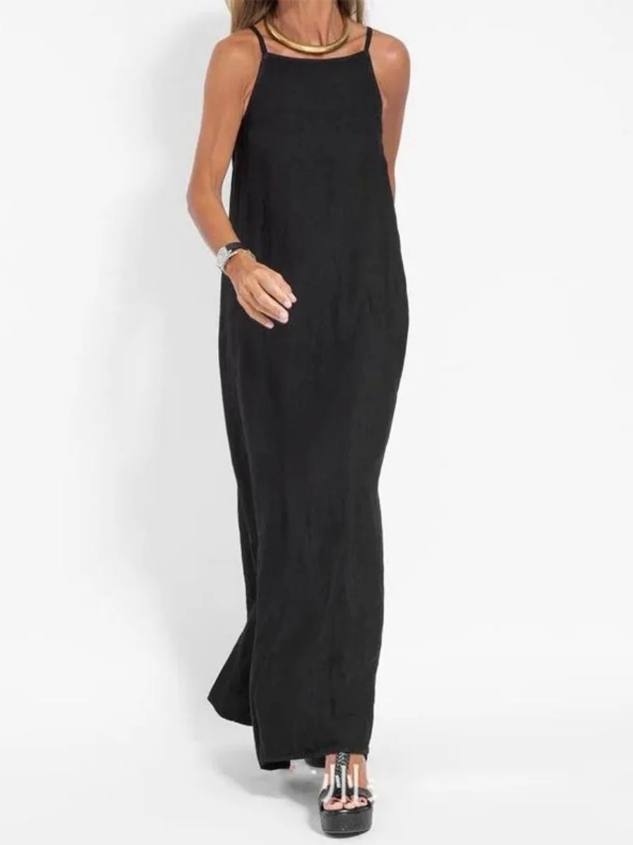 Cotton Linen Slit Spaghetti Strap Long Dress - Image 9