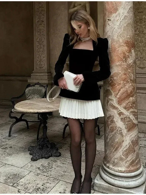 Zipper Long-sleeved Color-blocked Pleated Hem Mini&Short Dresses - Image 4