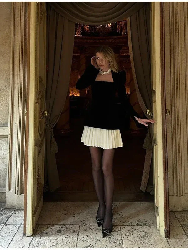 Zipper Long-sleeved Color-blocked Pleated Hem Mini&Short Dresses - Image 7