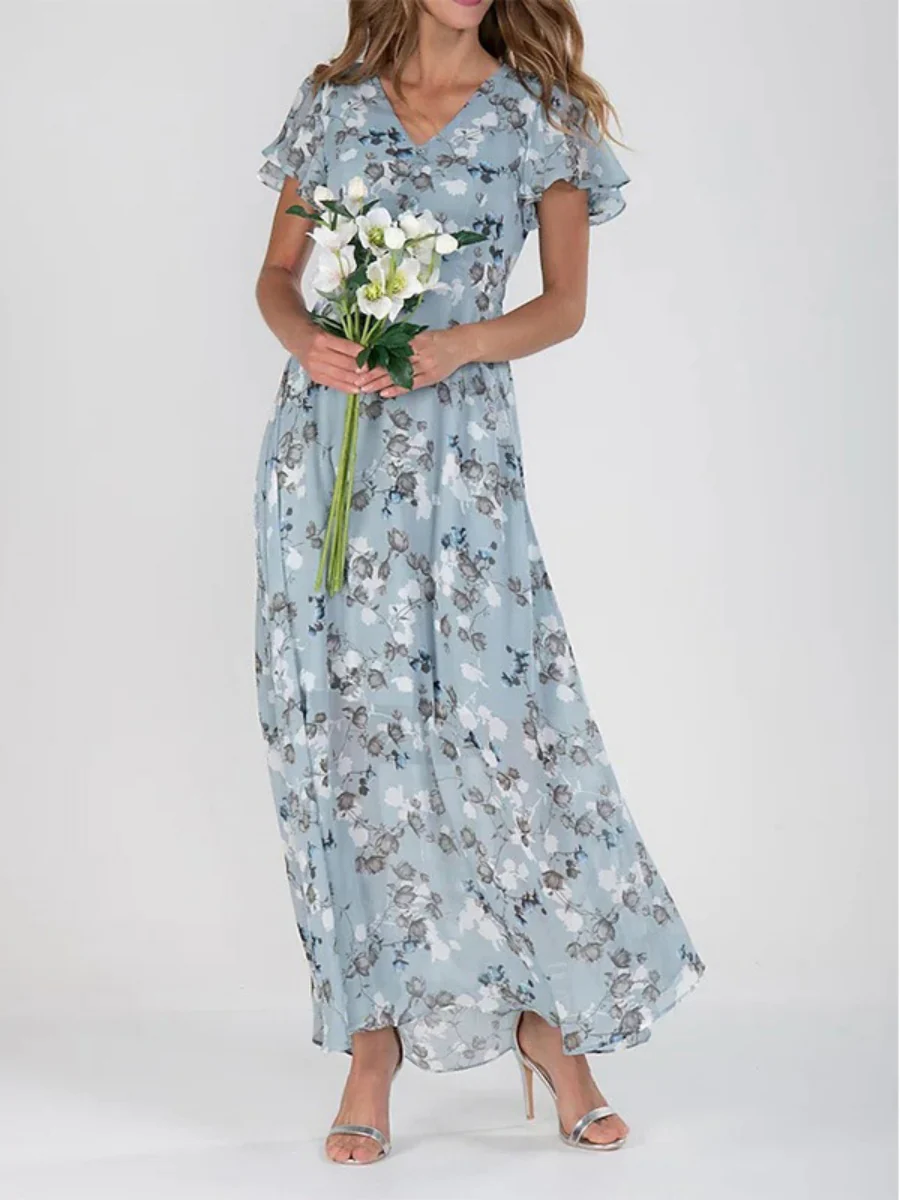 Chiffon Floral Print Short-sleeved Ruffled V-neck Long Dress - Image 2
