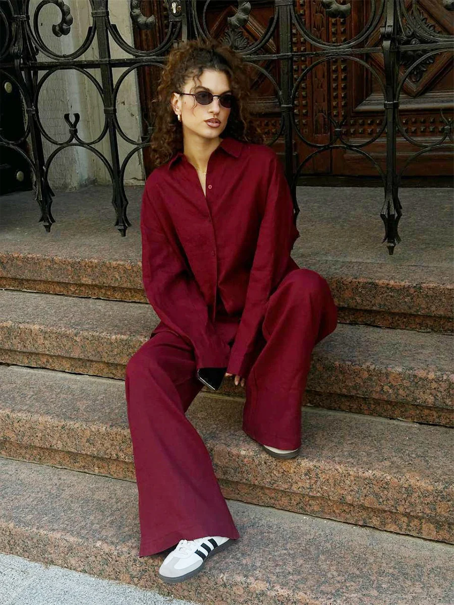 Loose-fitting Long-sleeved Shirt And Casual Trousers Two-piece Set - Image 19