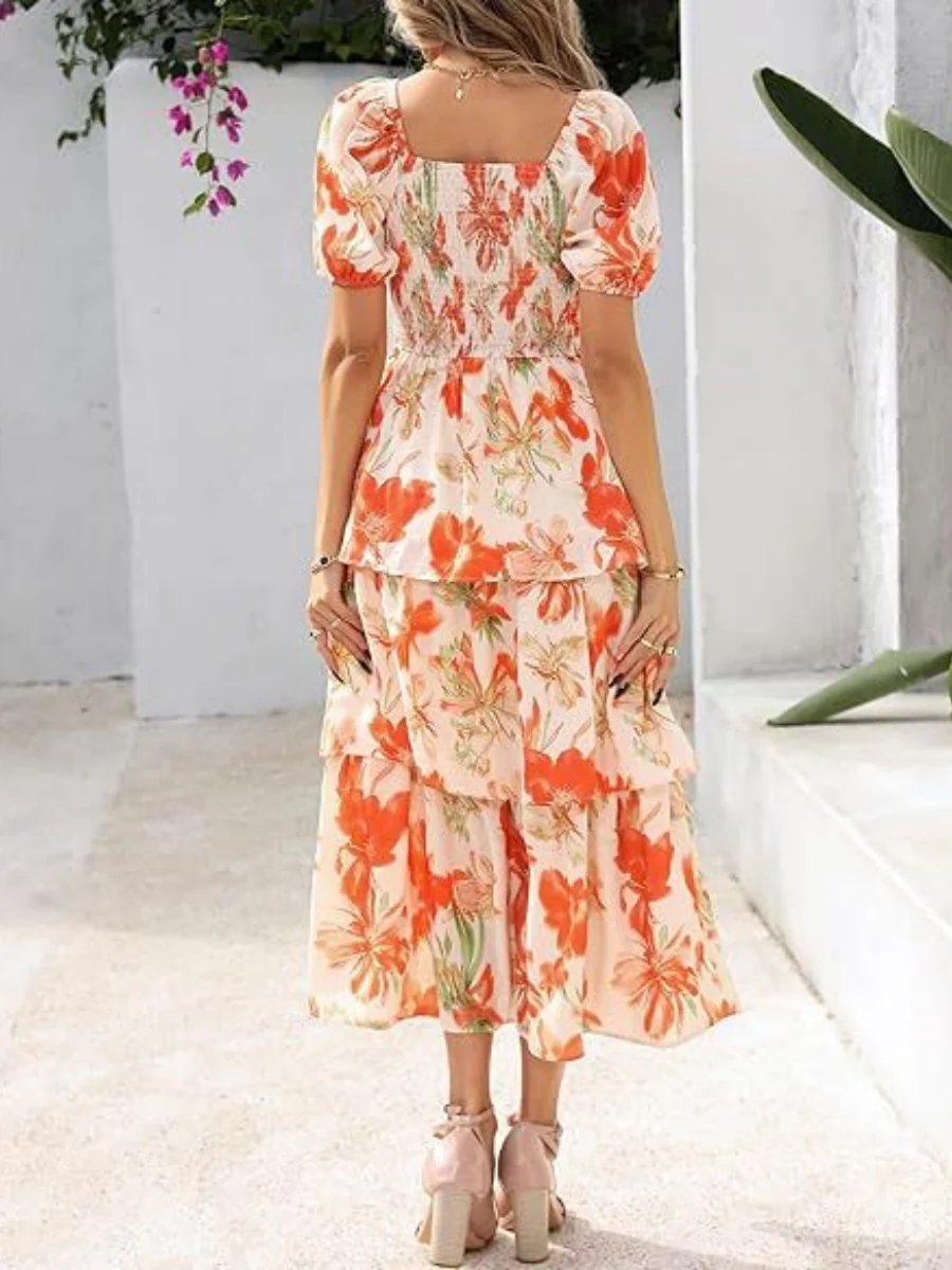Square Neck Short-sleeved Chiffon Long Dress With A Fitted Waist And Floral Print - Image 2