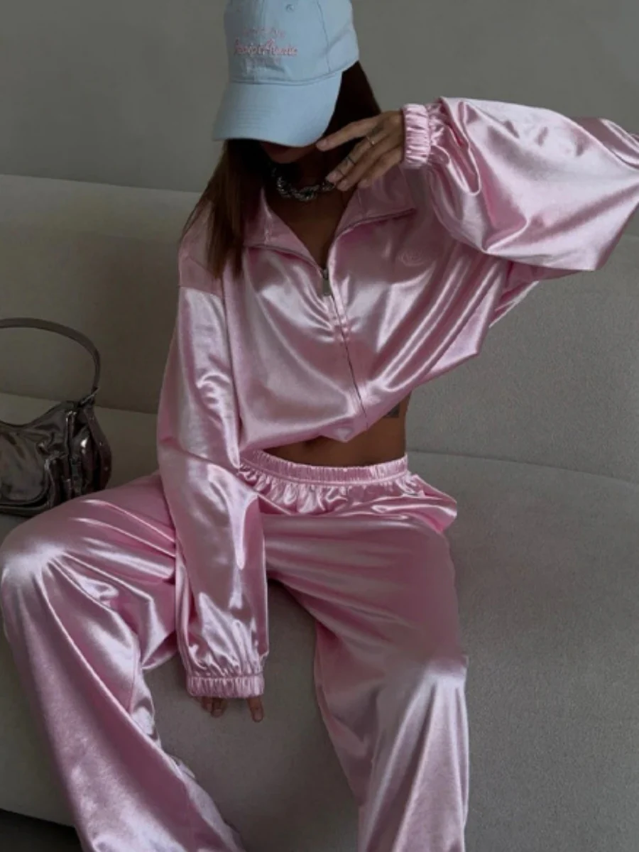 Zippered Loose Sweatshirt Jacket And Wide-Leg Pants Two-Piece Set - Image 19