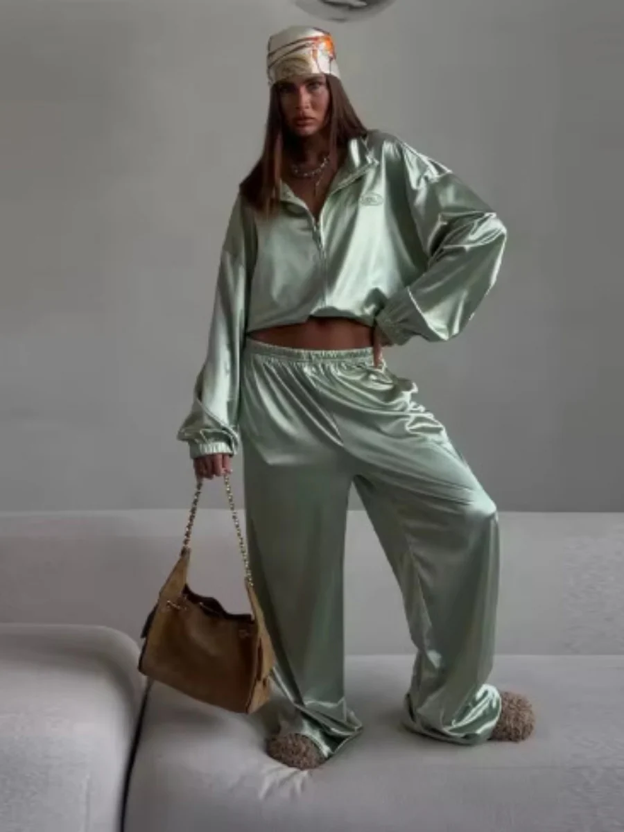 Zippered Loose Sweatshirt Jacket And Wide-Leg Pants Two-Piece Set - Image 21